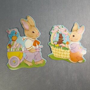 Vintage Spring Easter Bunnies Candy Eggs Flowers 16" Two Sided Diecut Set Of 2